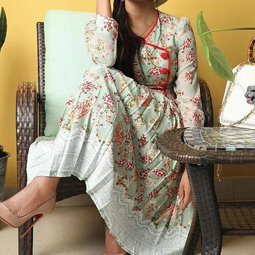 

Women's A Line Dress Floral Dress Maxi long Dress Green Long Sleeve Floral Print Fall Winter Round Neck Boho Modern 2022 M L XL XXL 3XL