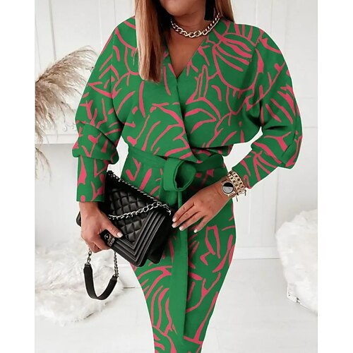 

Women's Sheath Dress Midi Dress Green Long Sleeve Floral Lace up Print Fall Winter V Neck Stylish Modern 2022 S M L XL 2XL 3XL