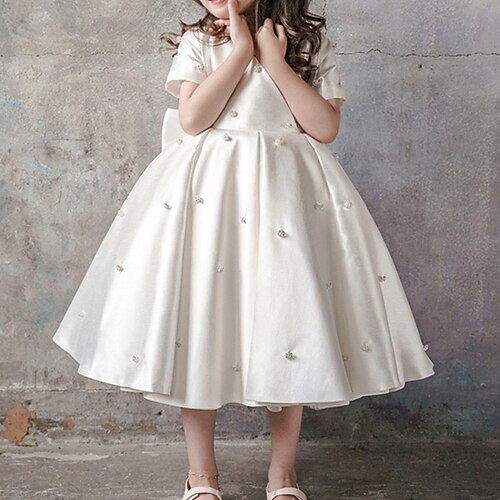 

Kids Girls' Dress Solid Colored A Line Dress Midi Dress Party Short Sleeve Cute Dress 3-12 Years Spring White