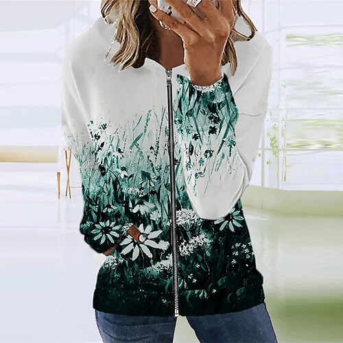 

Women's Casual Jacket Warm Breathable Outdoor Street Going out Casual Daily Zipper Full Zip Print Zipper Hoodie Preppy Style Flower Regular Fit Outerwear Long Sleeve Winter Fall Green S M L XL XXL 3XL