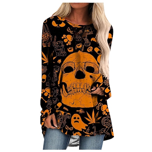 

Women's Blouse Shirt Green Blue Fuchsia Skull Pumpkin Print Long Sleeve Halloween Weekend Streetwear Casual Round Neck Long S / 3D Print