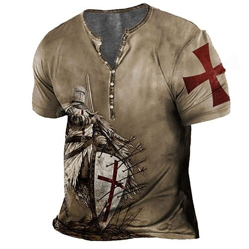 

Men's Henley Shirt T shirt Tee Tee Graphic Templar Cross Cross Henley Brown 3D Print Plus Size Outdoor Daily Short Sleeve Button-Down Print Clothing Apparel Basic Casual Big and Tall