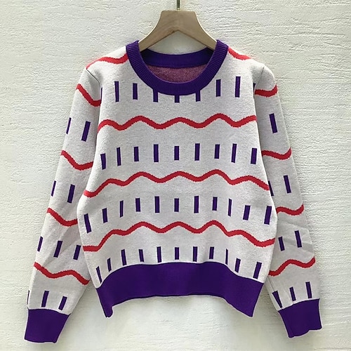 

Women's Pullover Sweater Jumper Ribbed Knit Patchwork Knitted Striped Crew Neck Stylish Casual Outdoor Daily Fall Winter Blue Purple One-Size / Long Sleeve