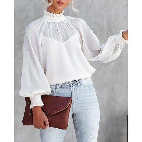 

Women's Blouse Shirt Green White Plain Pleated Patchwork Long Sleeve Daily Work Elegant Standing Collar Lantern Sleeve S