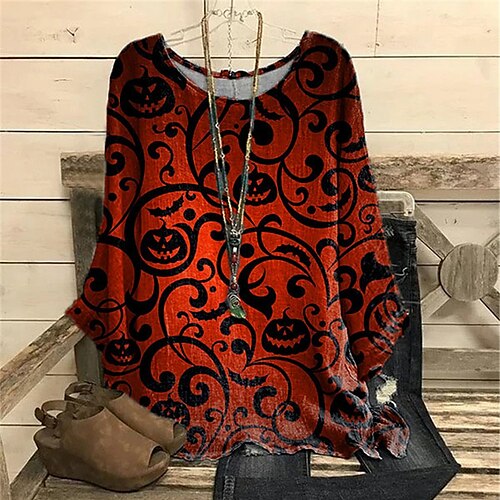 

Women's Plus Size Tops Blouse Shirt Pumpkin Print Long Sleeve Crewneck Casual Halloween Halloween Daily Polyester Fall Winter Orange