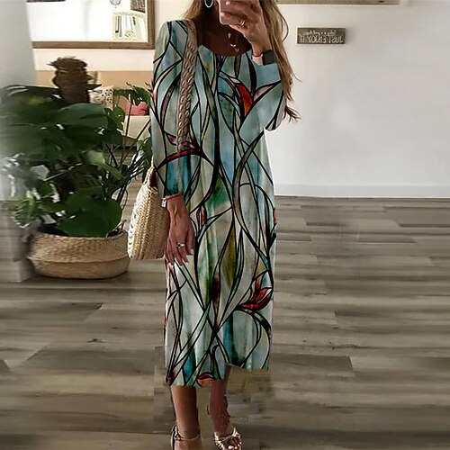 

Women's Casual Dress T Shirt Dress Tee Dress Midi Dress Green Long Sleeve Floral Print Fall Winter Crew Neck Vacation Casual 2022 S M L XL / 3D Print