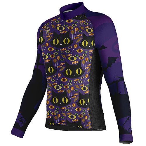 

21Grams Men's Cycling Jersey Long Sleeve Bike Top with 3 Rear Pockets Mountain Bike MTB Road Bike Cycling Breathable Quick Dry Moisture Wicking Reflective Strips Purple Cat Halloween Polyester Spandex