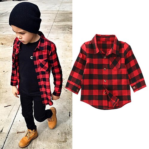 

Chemise Enfants Garçon Plaid du quotidien manche longue Mode Coton 3-6 ans Hiver Rouge