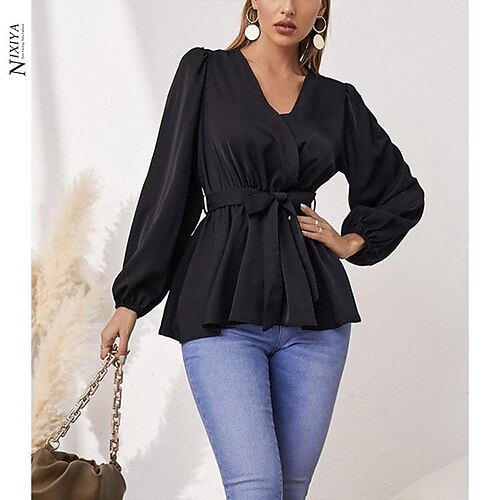 

early spring simple casual top women's belt modified black slim v-neck shirt
