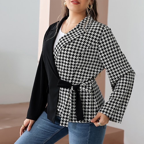 

Dame Plus størrelse Blazer Knap Lomme Farveblok Houndstooth Mønster Formel Kontor Langærmet Hakrevers Normal Vinter Efterår Sort L XL XXL 3XL 4XL