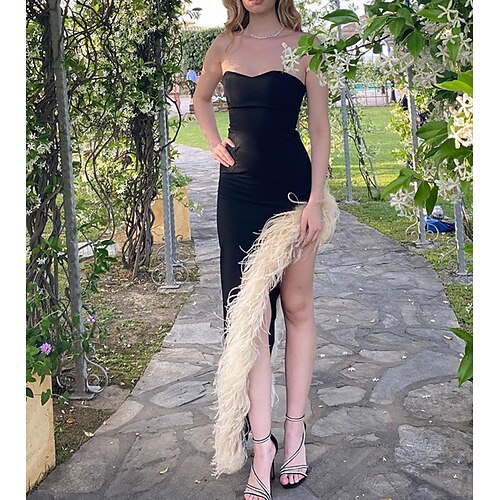 

Women's Sweater Dress Winter Dress Sheath Dress Midi Dress Black Sleeveless Pure Color Backless Patchwork Feather Spring Summer Strapless Stylish Sexy 2022 S M L