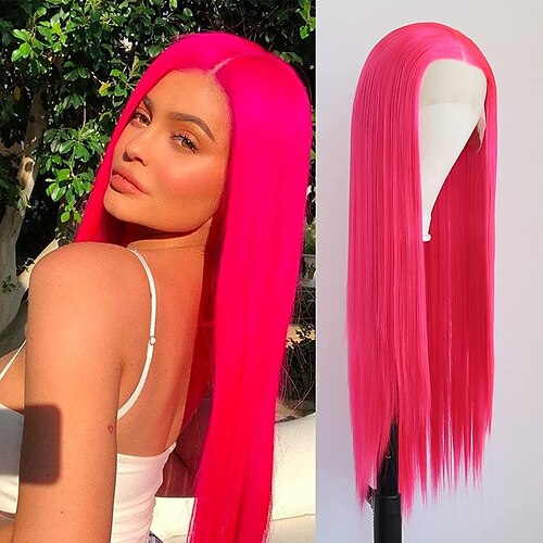 

Bright Pink Wig Straight Long Synthetic Lace Front Wigs for Black Women Red Pink Hand Tied Natural Heat Resistant Fiber Hair Middle Part Daily Wear Cosplay Wigs