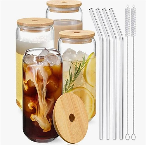

Drinking Glasses with Bamboo Lids and Glass Straw 4pcs Set - 16oz Can Shaped Glass Cups, Beer Glasses, Iced Coffee Glasses, Cute Tumbler Cup, Ideal for Cocktail, Whiskey