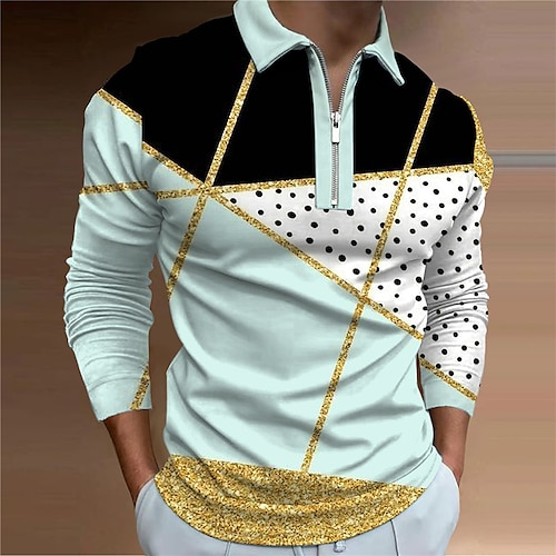 

Men's Collar Polo Shirt Golf Shirt Polka Dot Color Block Geometry Turndown Light Blue 3D Print Outdoor Street Long Sleeve Zipper Print Clothing Apparel Fashion Designer Casual Breathable