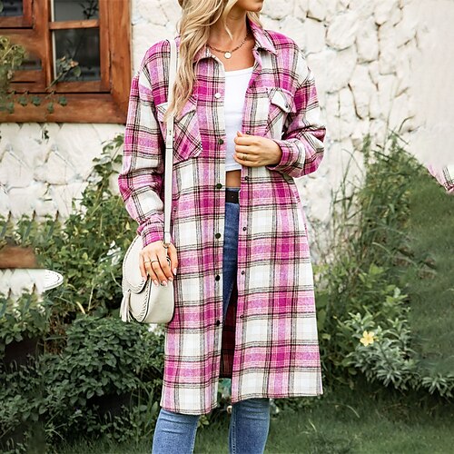 

Women's Trench Coat Casual Jacket Windproof Warm Outdoor Street Daily Vacation Button Pocket Print Single Breasted Turndown Fashion Casual Street Style Plaid Regular Fit Outerwear Long Sleeve Winter