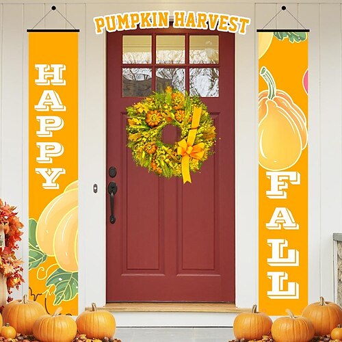 

Pumpkin Harvest Festival Couplet Flag Happy Full Autumn Harvest Thanksgiving Curtain Hanging Flag
