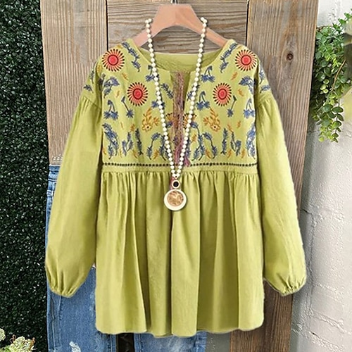 

Women's Plus Size Tops Blouse Shirt Graphic Floral Print Long Sleeve Round Neck Casual Daily Vacation Polyester Fall Winter Yellow