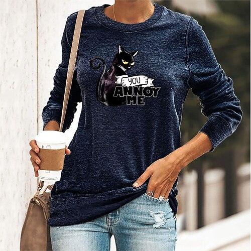 

Damen T Shirt Schwarz Gelb Marineblau Graphic Katze Bedruckt Langarm Casual Täglich Basic Rundhalsausschnitt Standard Baumwolle Katze S