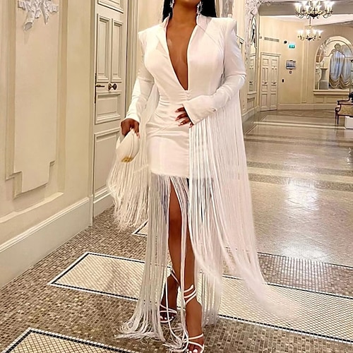 

Women's Party Dress Fringe Dress Sheath Dress White Long Sleeve Pure Color Tassel Fringe Winter Fall Autumn Deep V Party Winter Dress Evening Party 2022 S M L XL XXL 3XL