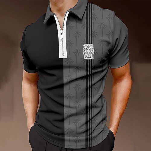 

Men's Collar Polo Shirt Golf Shirt Color Block Turndown Black / Gray 3D Print Street Daily Short Sleeve Zipper 3D Clothing Apparel Fashion Casual Comfortable / Beach