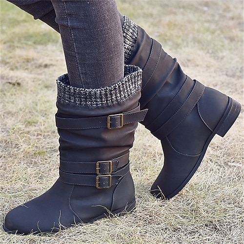 

Women's Unisex Boots Outdoor Daily Combat Boots Mid Calf Boots Winter Buckle Chunky Heel Round Toe Casual Minimalism PU Leather Loafer Solid Colored Black Brown Gray