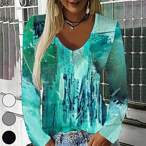 

Women's T shirt Tee Green Graphic Geometric Print Long Sleeve Casual Daily Vintage V Neck Regular Geometric Painting S / 3D Print