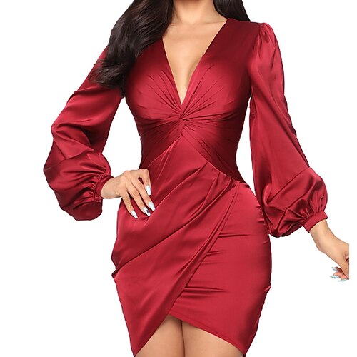 

Damen abendkleider Etuikleid Kurzes Minikleid Minikleid Gelb Rote Blau Langarm Einfarbig Rüschen Winter Herbst V Ausschnitt Modisch Party winterkleider damen herbstkleider 2023 S M L XL XXL