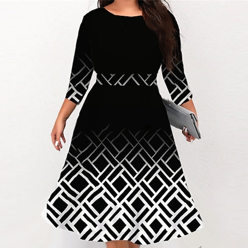 

Women's Plus Size Work Dress Geometric Round Neck Print 3/4 Length Sleeve Fall Winter Stylish Work Midi Dress Vacation Going out Dress