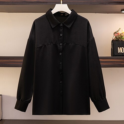 

Women's Plus Size Tops Blouse Shirt Plain Button Long Sleeve Shirt Collar Streetwear Elegant Daily Going out Polyester Fall Winter White Black
