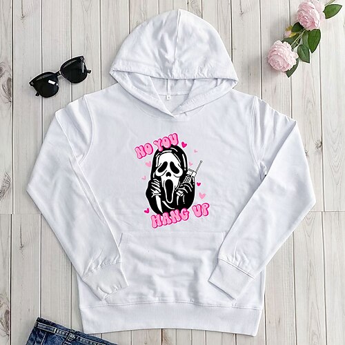 

Women's Plus Size Tops Hoodie Sweatshirt Skull Letter Pocket Print Long Sleeve Hooded Festival Halloween Halloween Spirit Halloween Cotton Fall Winter Pink Yellow