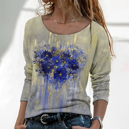 

Women's T shirt Tee Green Blue Purple Floral Print Long Sleeve Casual Holiday Basic Round Neck Regular Floral Abstract Painting S / 3D Print