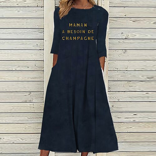 

Women's Casual Dress Shift Dress Midi Dress Black 3/4 Length Sleeve Letter Ruched Print Fall Winter Round Neck Casual Vacation 2022 S M L XL XXL 3XL