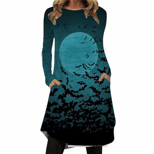 

Women's Casual Dress T Shirt Dress Tee Dress Knee Length Dress Blue Yellow Orange Brown Long Sleeve Pumpkin Bat Spider Pocket Print Fall Winter Crew Neck Casual Vacation Vintage 2022 S M L XL XXL 3XL