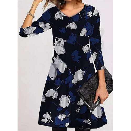 

Women's Casual Dress T Shirt Dress Tee Dress Short Mini Dress Dark Blue Long Sleeve Floral Pocket Print Fall Winter V Neck Vacation Casual 2022 S M L XL XXL 3XL