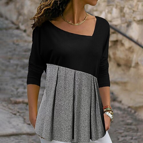 

Women's T shirt Tee Color Block Casual Weekend T shirt Tee Long Sleeve Flowing tunic V Neck Basic Black S