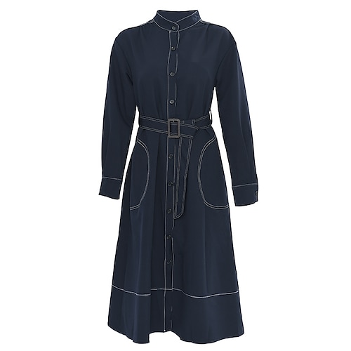 

Women's Winter Coat Windproof Warm Outdoor Street Daily Vacation Button With Belt Single Breasted Crewneck Fashion Street Style Solid Color Regular Fit Outerwear Long Sleeve Winter Fall Dark Blue S M