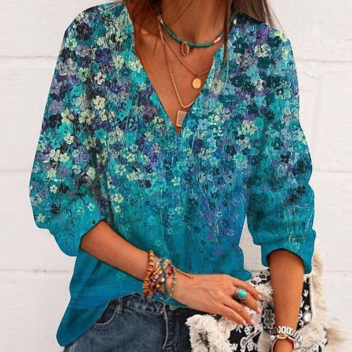 

Women's Blouse Shirt Green Blue Pink Floral Fish Print Long Sleeve Holiday Weekend Streetwear V Neck Regular Floral S / 3D Print