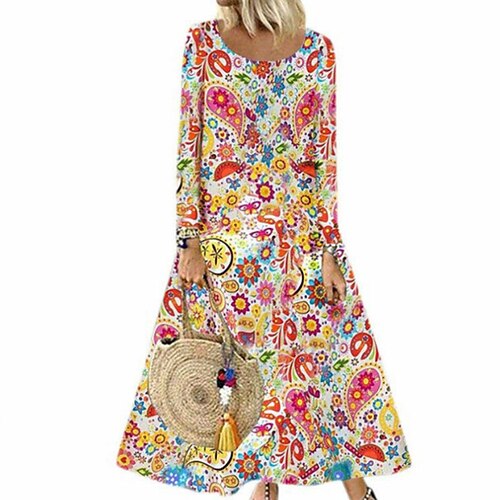 

Women's A Line Dress Swing Dress Maxi long Dress Blue Red Long Sleeve Floral Print Fall Winter Round Neck Boho Casual 2022 S M L XL 2XL 3XL 4XL
