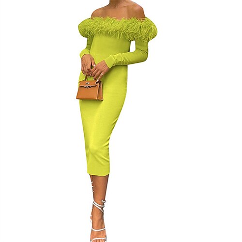 

Women's Sheath Dress Midi Dress Green Fuchsia Long Sleeve Pure Color Backless Winter Fall Autumn Off Shoulder Fashion Winter Dress Fall Dress Slim 2022 S M L