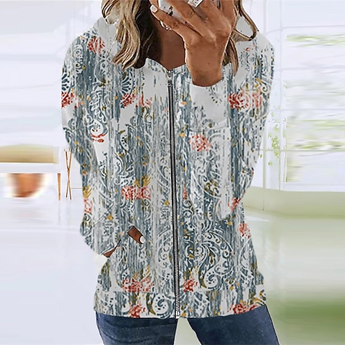 

Women's Casual Jacket Warm Breathable Outdoor Street Going out Casual Daily Zipper Full Zip Print Zipper Hoodie Preppy Style Flower Regular Fit Outerwear Long Sleeve Winter Fall Light Green S M L XL