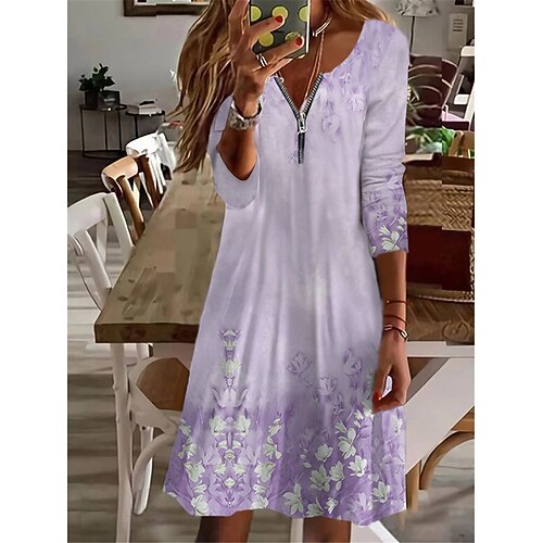 

Women's Casual Dress A Line Dress Knee Length Dress White Blue Purple Pink Long Sleeve Floral Zipper Print Fall Winter V Neck Vacation Casual 2022 S M L XL 2XL 3XL 4XL 5XL 6XL