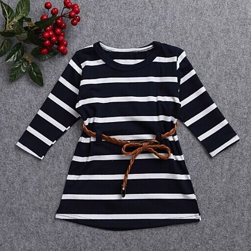 

Kids Girls' Dress Striped Shift Dress Knee-length Dress Holiday Cotton Long Sleeve Casual Dress 2-6 Years Winter Blue