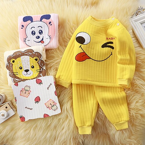 

2 Pieces Kids Unisex PantsSet Clothing Set Outfit Cartoon Jacquard Set School Active Daily Winter Fall 2-6 Years Pink Yellow Light Green