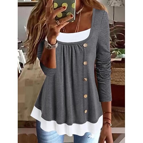 

Women's Blouse Plain Casual Daily Blouse Long Sleeve Pleated Patchwork U Neck Basic Vintage Black Blue Gray S