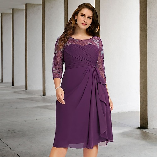 

Sheath / Column Plus Size Curve Mother of the Bride Dresses Elegant Dress Formal Knee Length 3/4 Length Sleeve Jewel Neck Chiffon with Pleats Ruched Sequin 2022