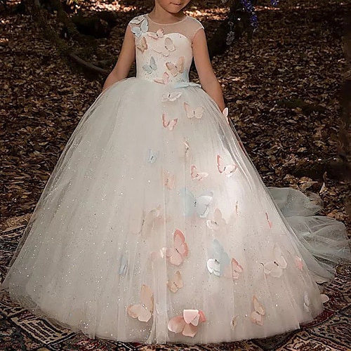 

Party Event / Party Princess Flower Girl Dresses Jewel Neck Court Train Tulle Fall with Butterfly Paillette Cute Girls' Party Dress Fit 3-16 Years