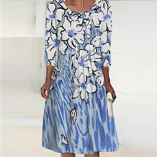 

Women's Casual Dress Shift Dress Midi Dress Blue Navy Blue Long Sleeve Floral Print Winter Fall Autumn Crew Neck Winter Dress Fall Dress 2022 S M L XL 2XL 3XL 4XL 5XL 6XL