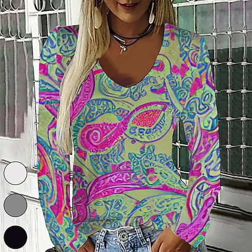 

Women's T shirt Tee Green Graphic Geometric Print Long Sleeve Casual Daily Vintage Round Neck Regular Geometric Painting S / 3D Print