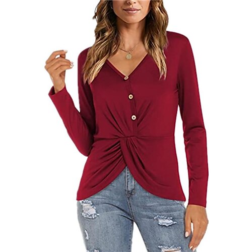 

2021 Amazon Wish Autumn And Winter European And American Cross-Border Women's Fashion Loose V-Neck Long-Sleeved Kink Top T-Shirt Women