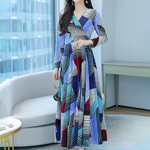 

Women's A Line Dress Swing Dress Midi Dress Blue Pink Yellow Long Sleeve Geometric Color Block Ruched Fall Winter V Neck Stylish Modern 2022 M L XL XXL 3XL 4XL